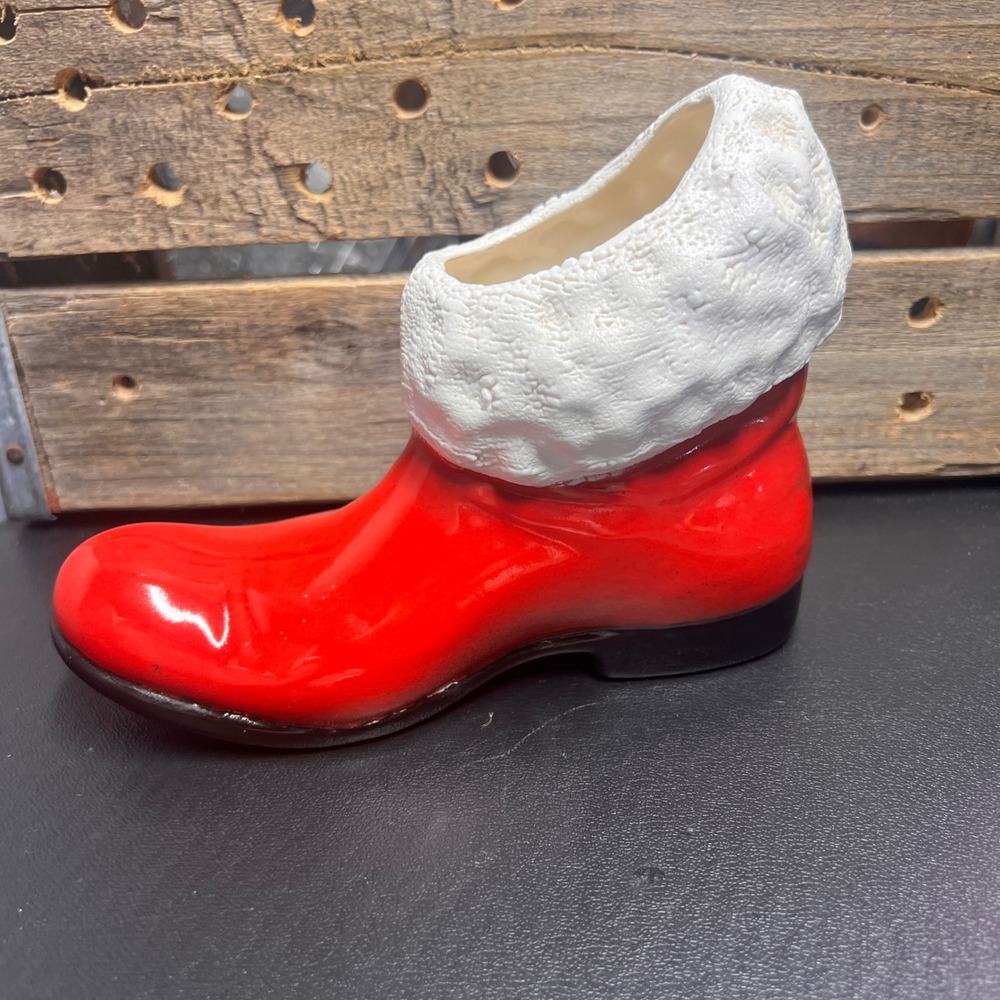 Vintage Ceramic Santa Boot Planter Holiday Candy Dish Red White Christmas Decor